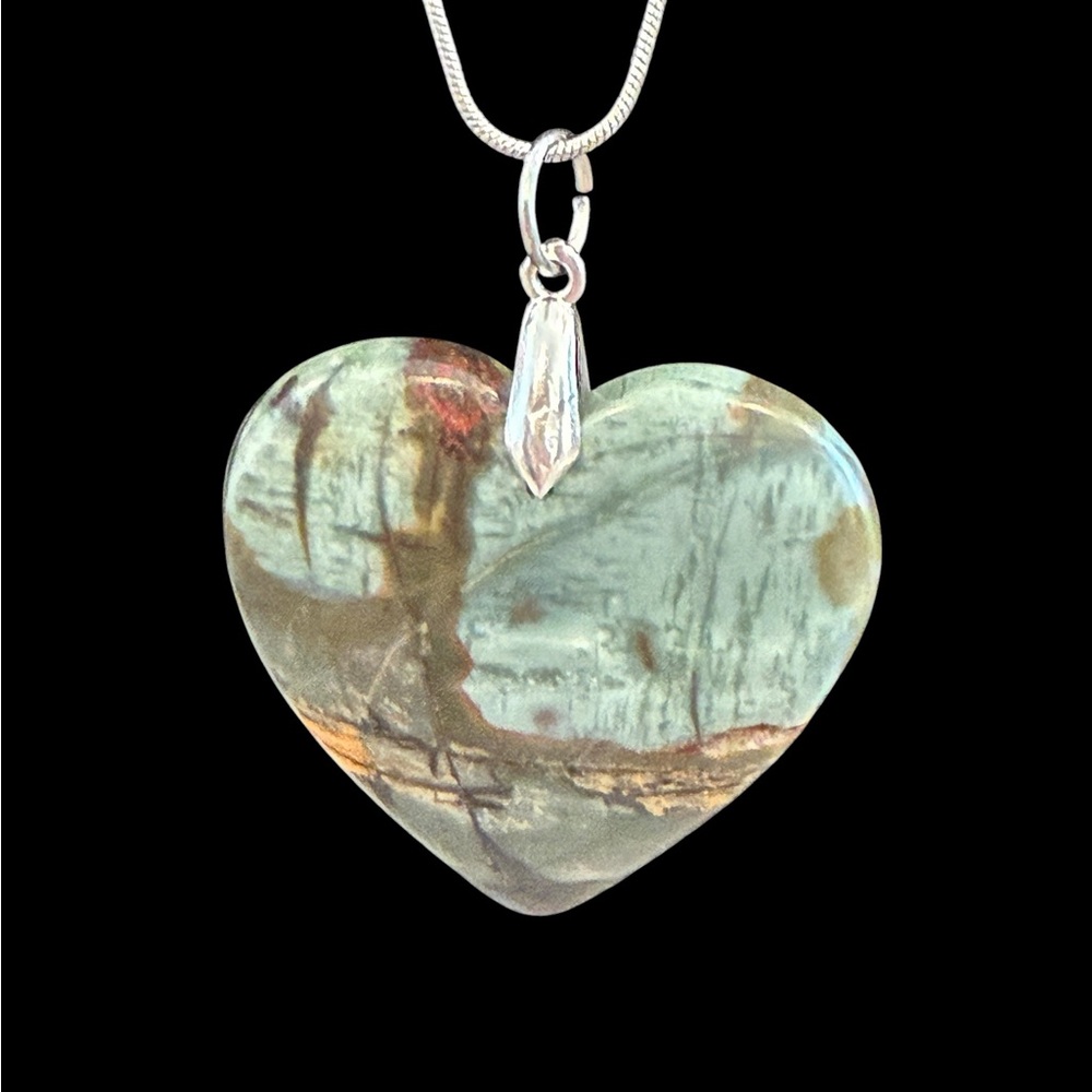 Polished Jasper Heart Pendant on 18” Silver Plated Snake Chain  NWT